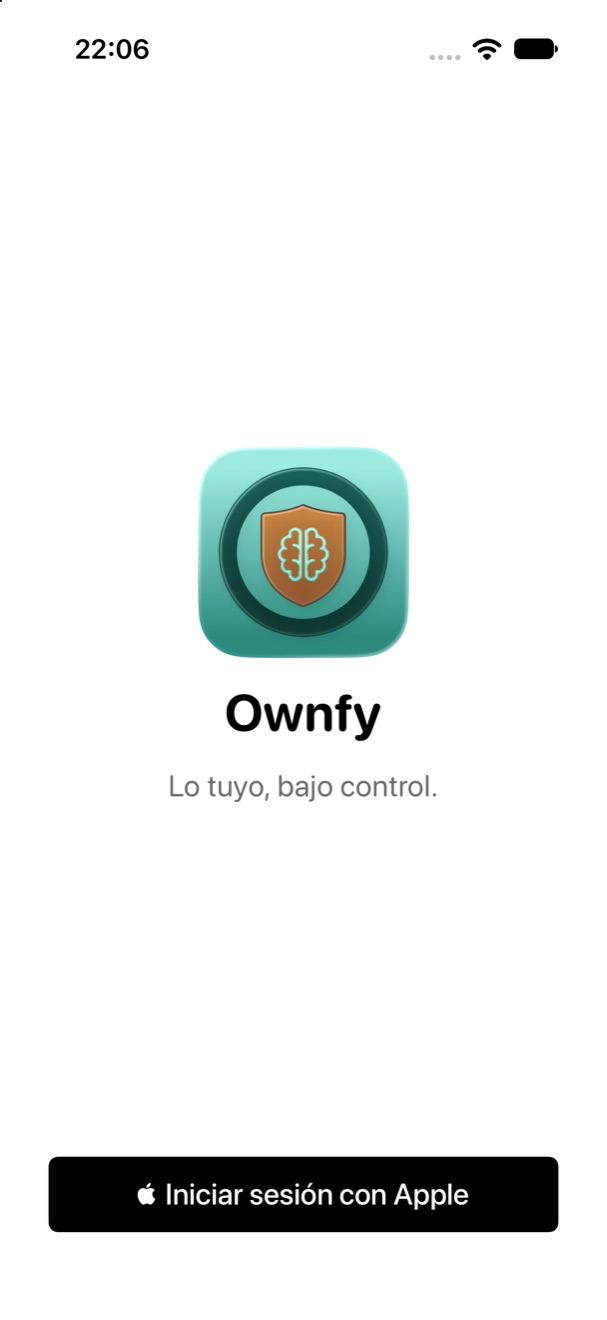 Bienvenida de Ownfy: el icono, el lema «Lo tuyo, bajo control» y el botón Iniciar sesión con Apple.